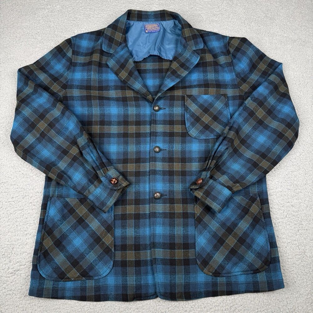 VTG Pendleton Jacket Mens L Blue Plaid Virgin Wool Sport Coat Blazer USA 60s 70s